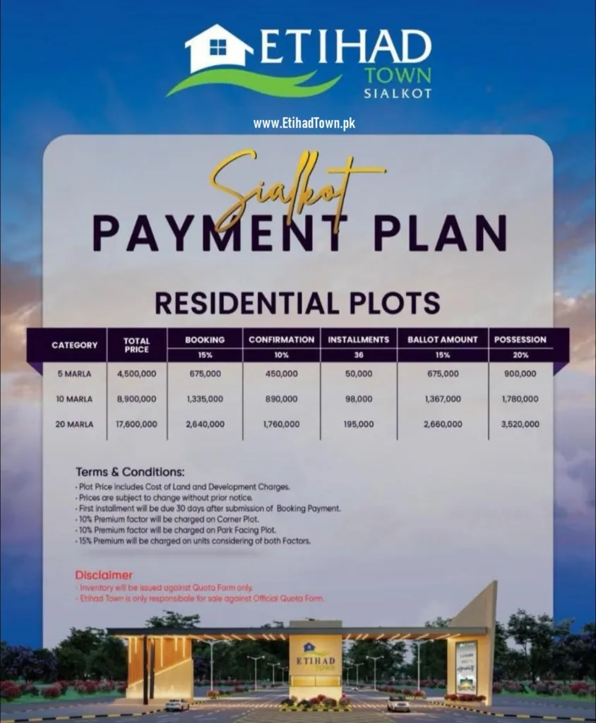 Etihad Town Sialkot — payment plan